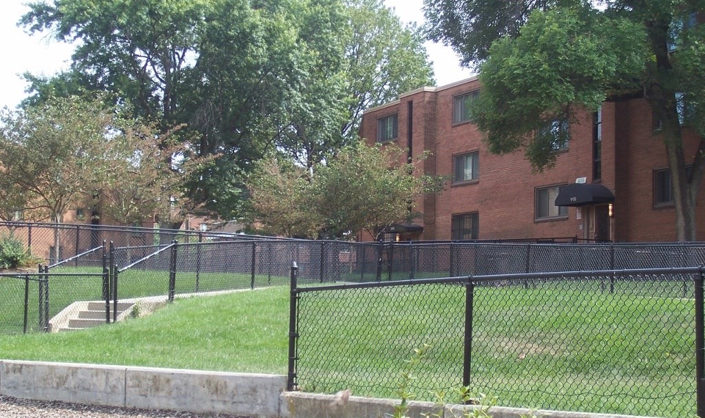 A black fence surrounds a green field.